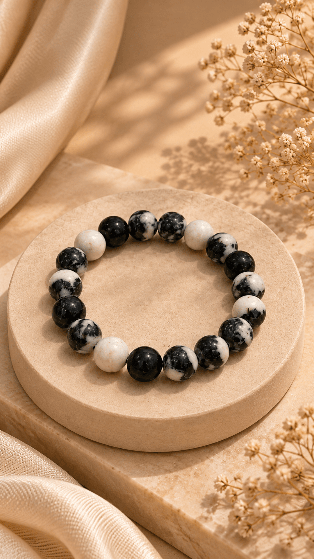 Natural Black & White Zebra Jasper Gemstone Bracelet
